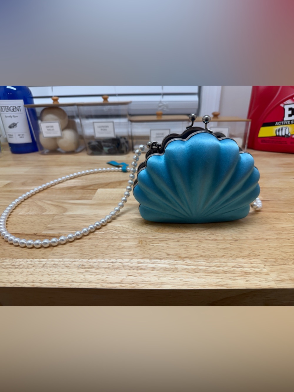 Balenciaga Metallic Teal Shell Clutch with Pearl Strap